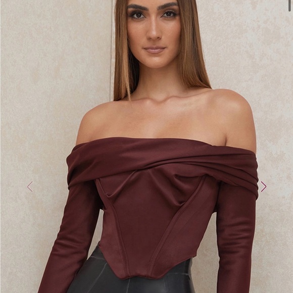 House of CB Tops - Morgan Burgundy Off the Shoulder Long Sleeve Corset Top House of CB